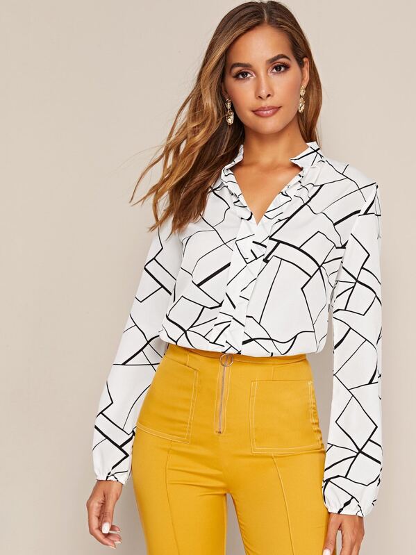

Notch Neck Geo Print Blouse, White, Giulia