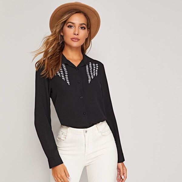 

Plants Embroidered Button Through Blouse, Black