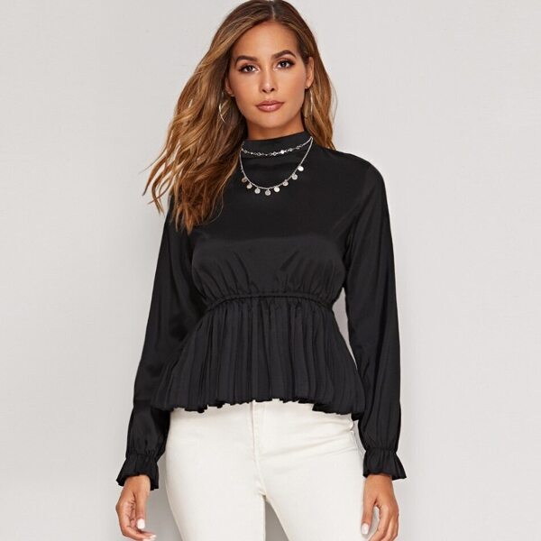 

Flounce Sleeve Pleated Hem Blouse, Black