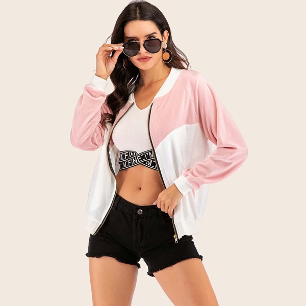 

Two Tone Zip Up Velvet Bomber Jacket, Multicolor