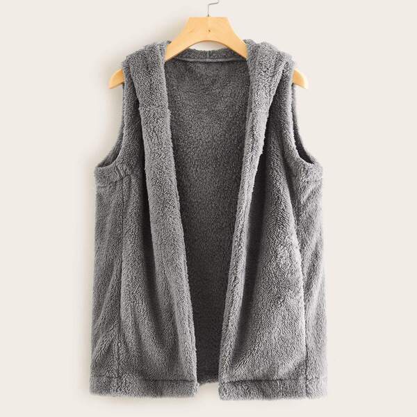 

Open Front Hooded Teddy Vest Coat, Grey