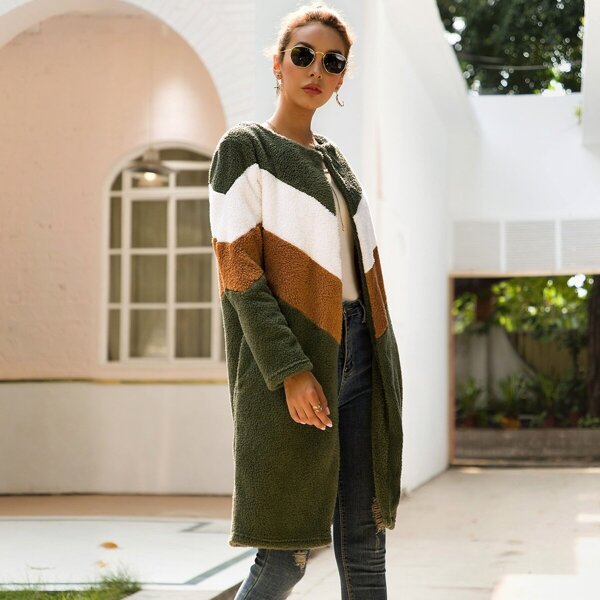 

Cut And Sew Open Front Teddy Coat, Multicolor
