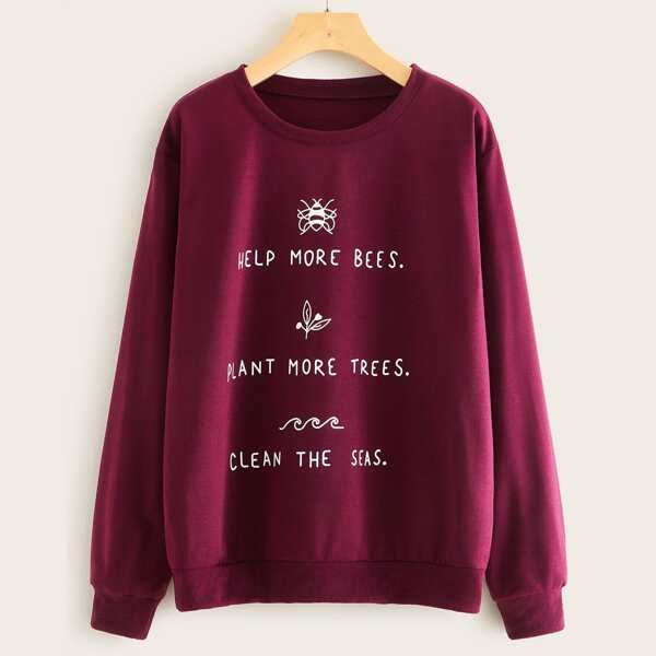 

Slogan Print Round Neck Sweatshirt, Burgundy