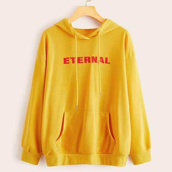 

Neon Yellow Letter Print Kangaroo Pocket Hoodie, Yellow bright