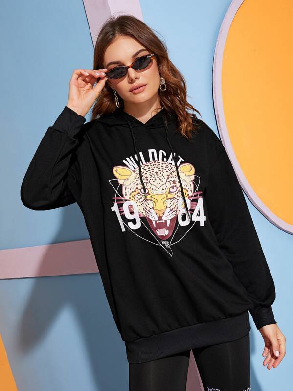 

Tiger & Letter Print Drawstring Hoodie, Black, Vlada