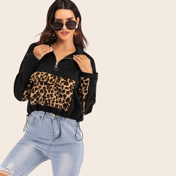 

Half Zip Leopard Panel Drawstring Hem Sweatshirt, Black
