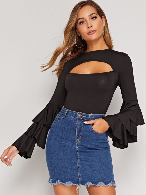 

Cut Out Front Layered Ruffle Sleeve Tee, Black, Giulia
