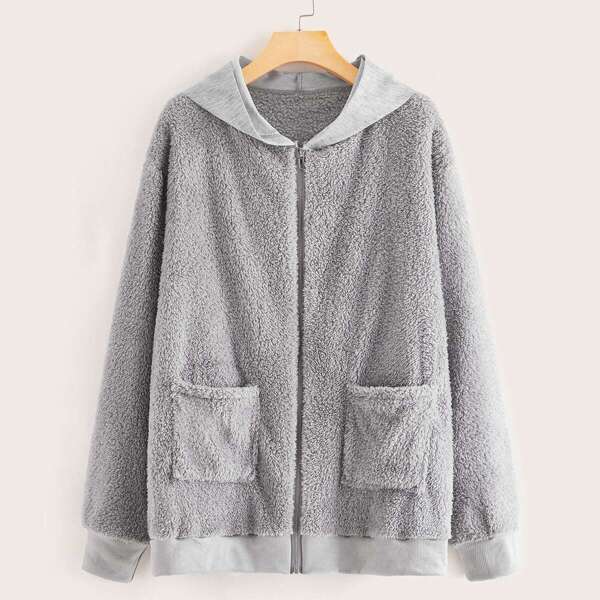 

Dual Pocket Zipper Hooded Teddy Jacket, Grey