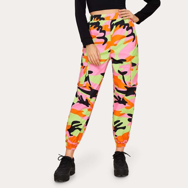 

Flap Pocket Elastic Waist Camo Print Pants, Multicolor