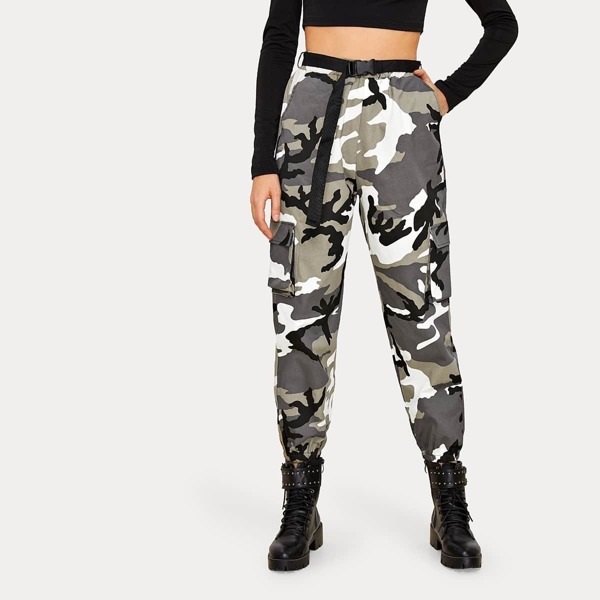 

Slant And Flap Pocket Belted Camo Cargo Pants, Multicolor