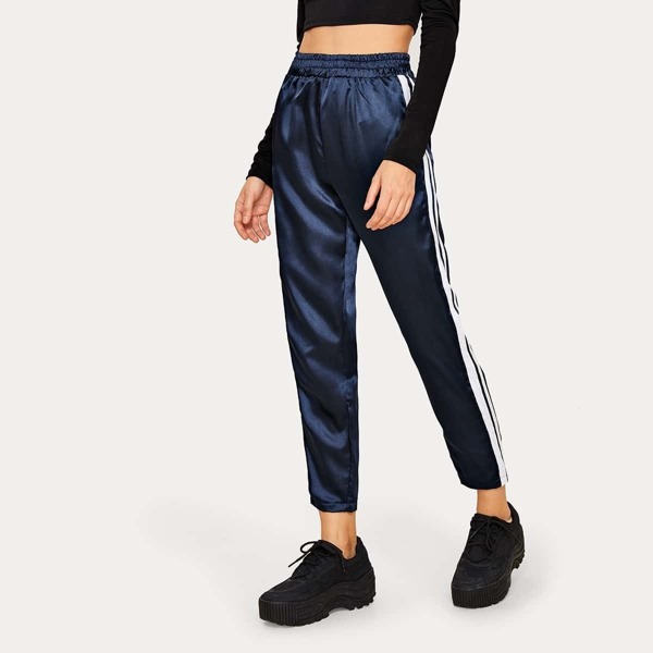 

Striped Side Elastic Waist Pants, Navy