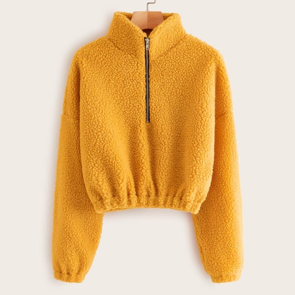 

Half Placket Drop Shoulder Teddy Sweatshirt, Yellow bright