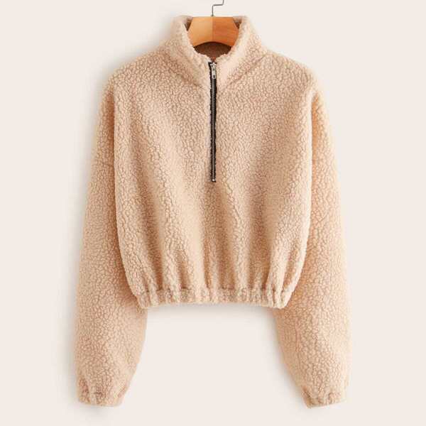 

Half Placket Drop Shoulder Teddy Sweatshirt, Beige