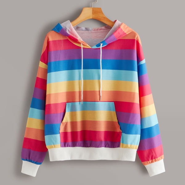 

Rainbow Striped Kangaroo Pocket Drawstring Hoodie, Multicolor