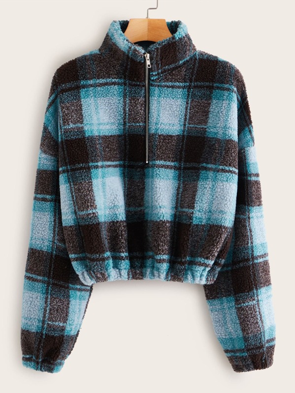 

Plaid Half Placket Zipper Teddy Sweatshirt, Multicolor