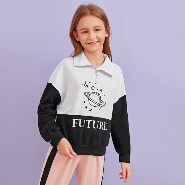 

Girls Letter Print Color-block Zipped Pullover, Black and white