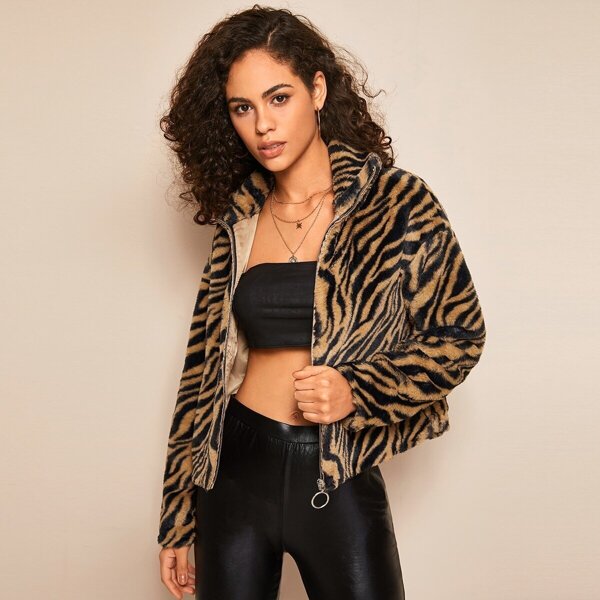 

Tiger Print High Neck Faux Fur Coat, Multicolor