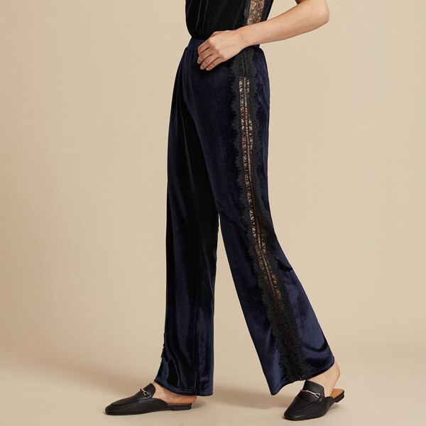 

Premium Elastic Waist Lace Insert Side Velvet Pants, Navy