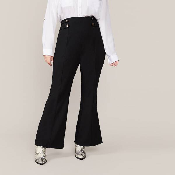 

Plus Solid Buttoned Detail Flare Leg Pants, Black