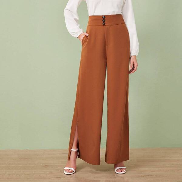 

Button Front Slant Pocket Split Hem Palazzo Pants, Brown