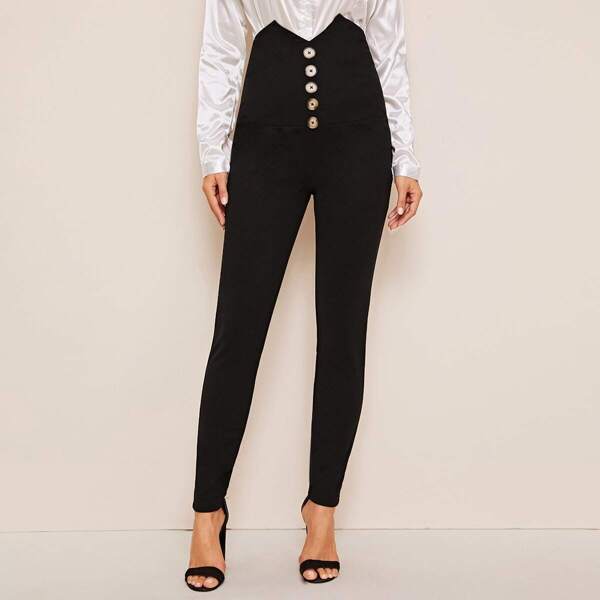 

Buttoned Notched High Waistband Pants, Black