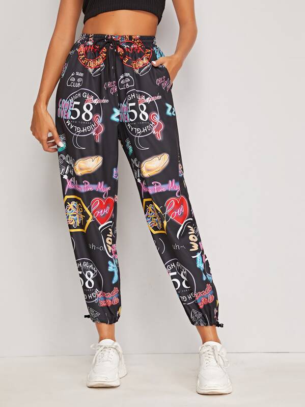 

Drawstring Waist Mixed Print Windbreaker Pants, Multicolor, Giulia