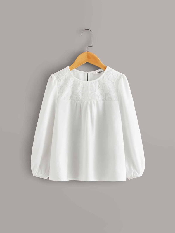 

Girls Lace Yoke Buttoned Blouse, White