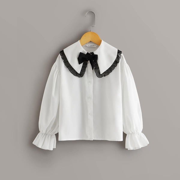 

Girls Contrast Pleated Ruffle Trim Collar Bow Detail Shirt, White