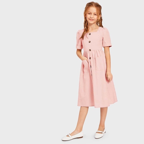 

Girls Button Front Pocket Side Dress, Pink pastel