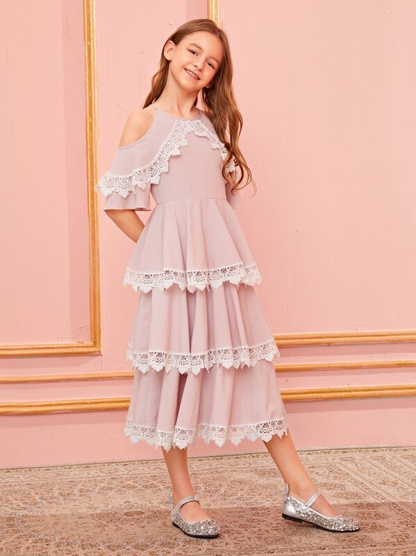 

Girls Cold Shoulder Lace Detail Layered Ruffle Hem Dress, Pink, Sashab