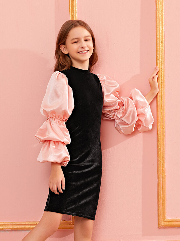 

Girls Satin Lantern Sleeve Velvet Dress, Black, Sashab