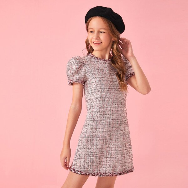 

Girls Puff Sleeve Raw Trim Tweed Dress, Pink