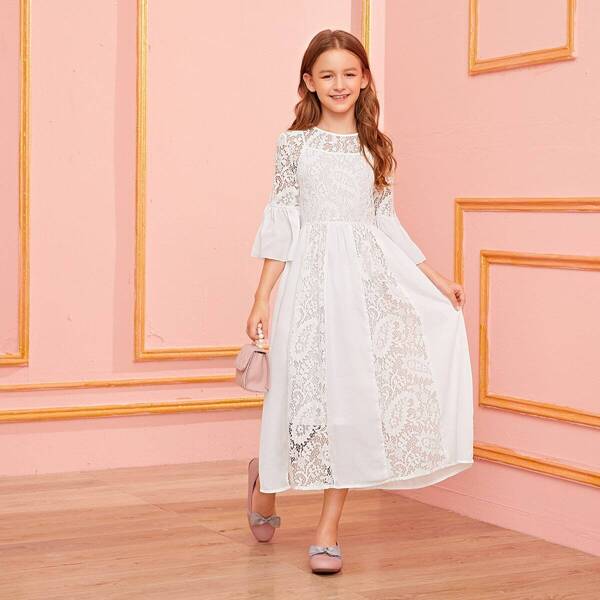 

Girls 2 In 1 Flounce Sleeve Lace Belted Dress, White