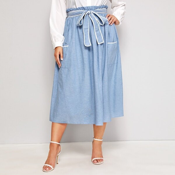 

Plus Paperbag Waist Pocket Front Skirt, Blue pastel