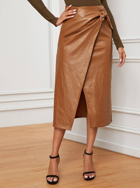 

Knot Side Wrap PU Leather Skirt, Brown, Andy