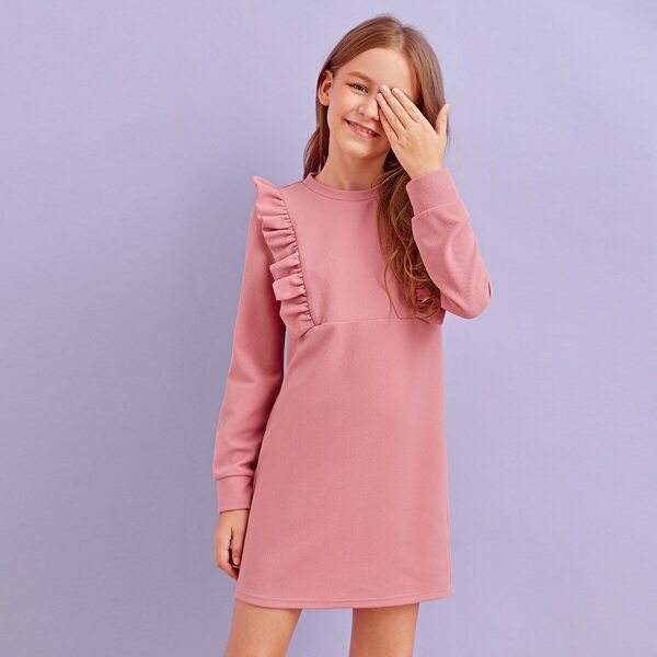 

Girls Solid Ruffle Trim Dress