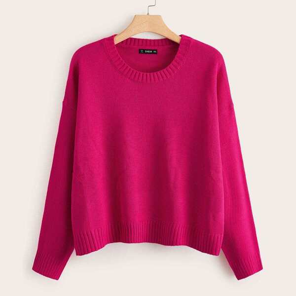 

Plus Solid Drop Shoulder Sweater, Pink bright