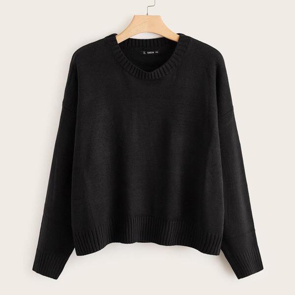 

Plus Solid Drop Shoulder Sweater, Black