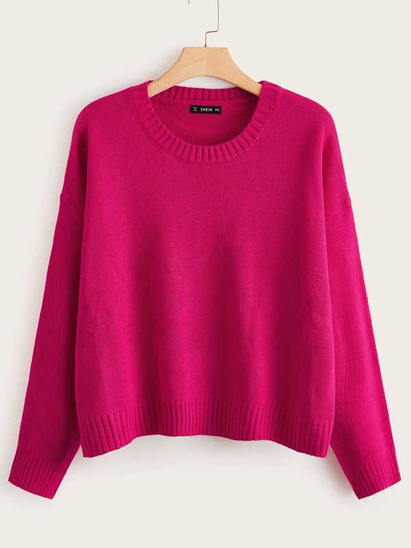 

Plus Solid Drop Shoulder Sweater, Pink