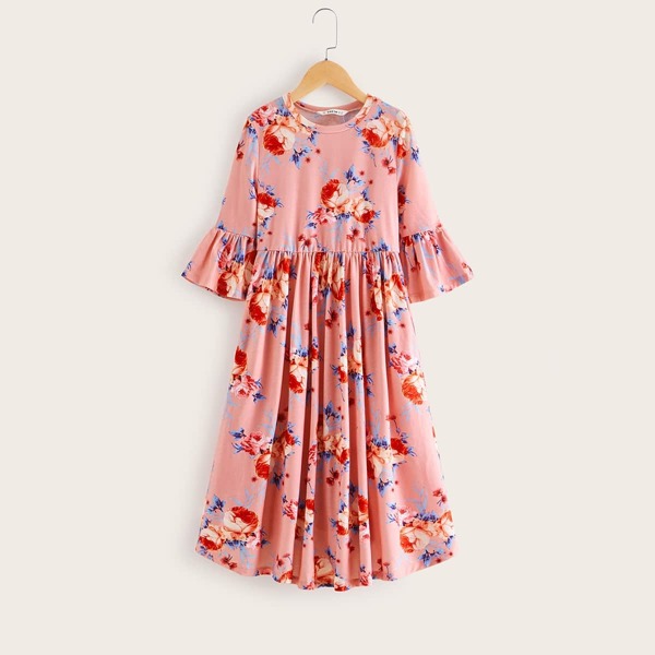 

Girls Floral Print Flounce Sleeve Dress