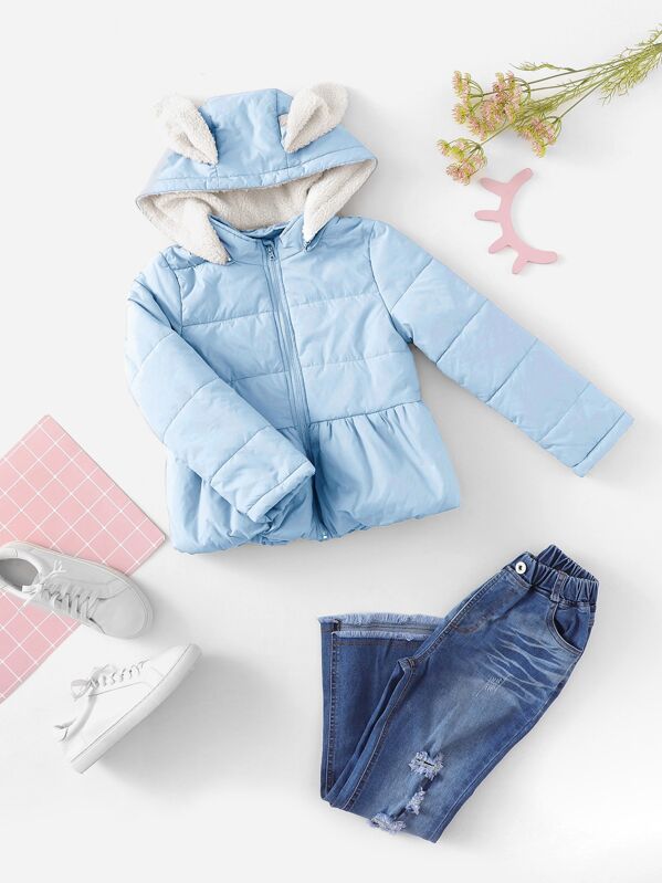 

Girls Shearling Lined Ear Hooded Puffer Jacket, Blue