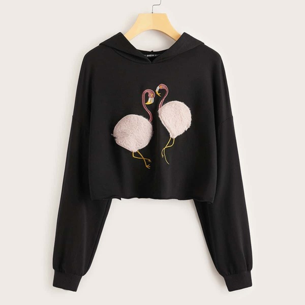 

Patched & Embroidered Flamingo Detail Hoodie, Black