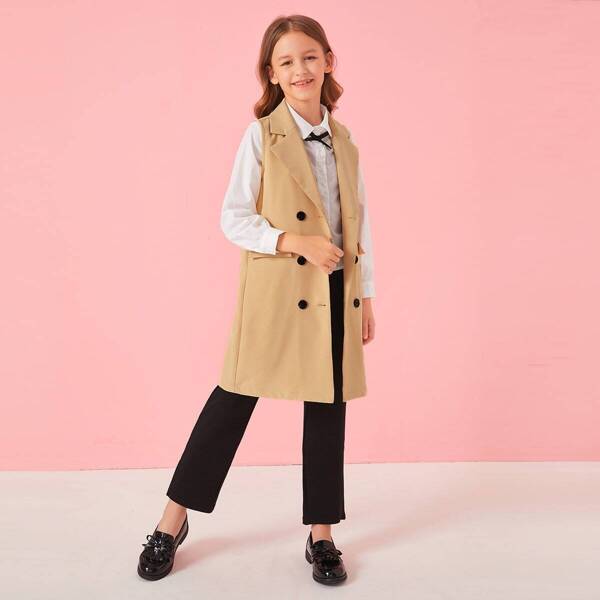 

Girls Lapel Collar Double Breasted Vest Coat, Khaki