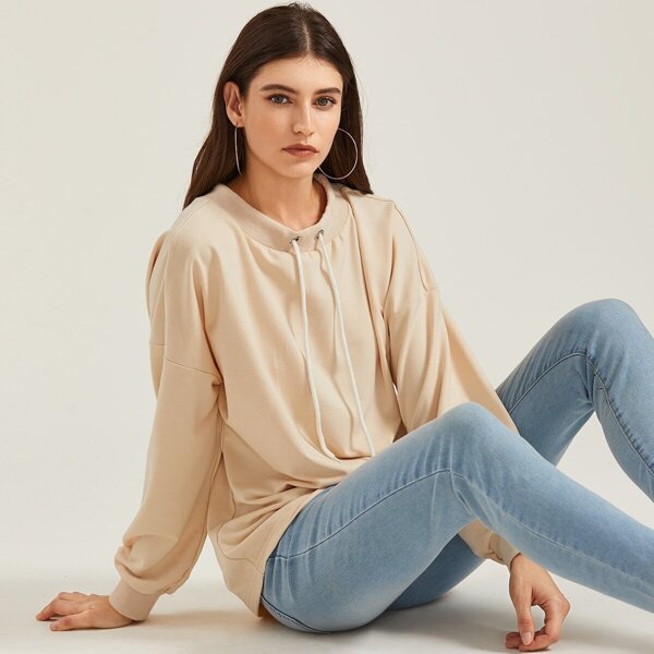

Drop Shoulder Drawstring Detail Sweatshirt, Beige