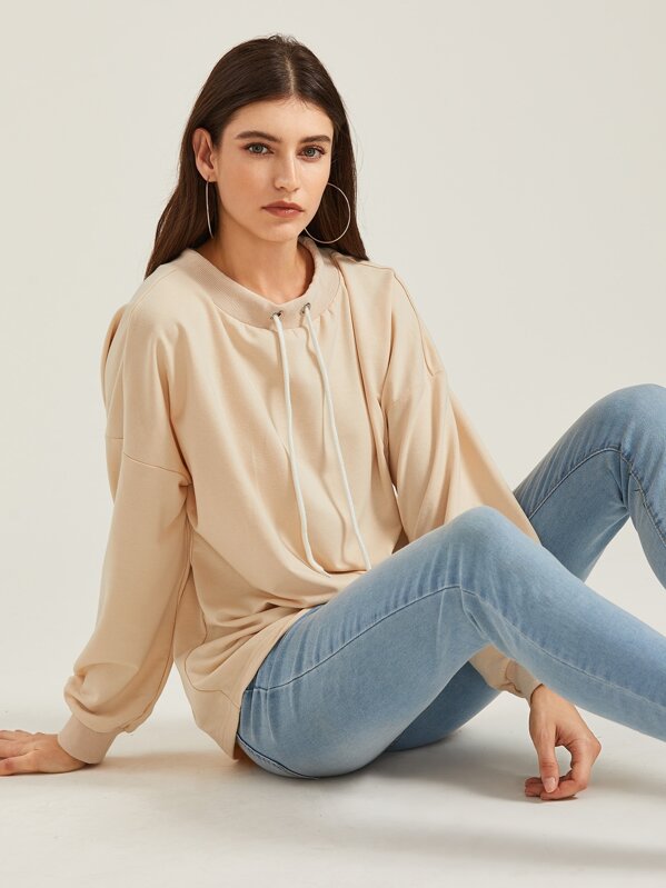 

Drop Shoulder Drawstring Detail Sweatshirt, Beige, Mila