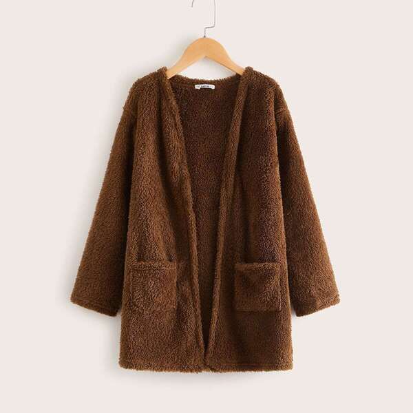

Girls Pocket Front Teddy Coat, Brown
