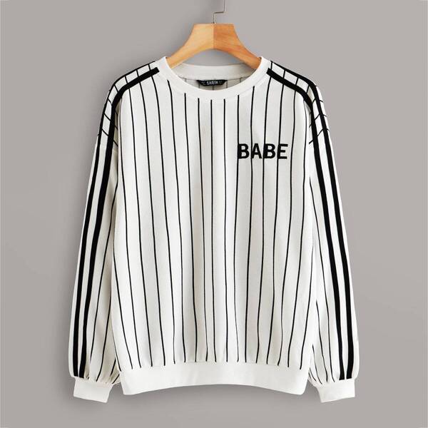 

Tape Side Embroidered Striped Pullover, White