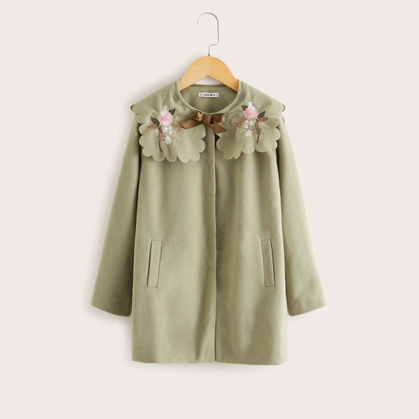 

Girls Bow Detail Embroidery Scallop Trim Collar Coat, Green pastel