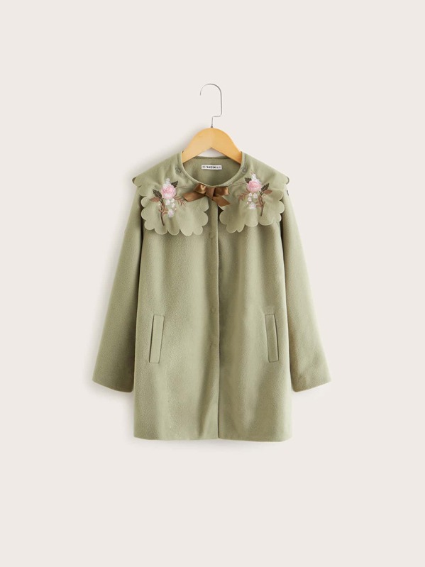 

Girls Bow Detail Embroidery Scallop Trim Collar Coat, Green