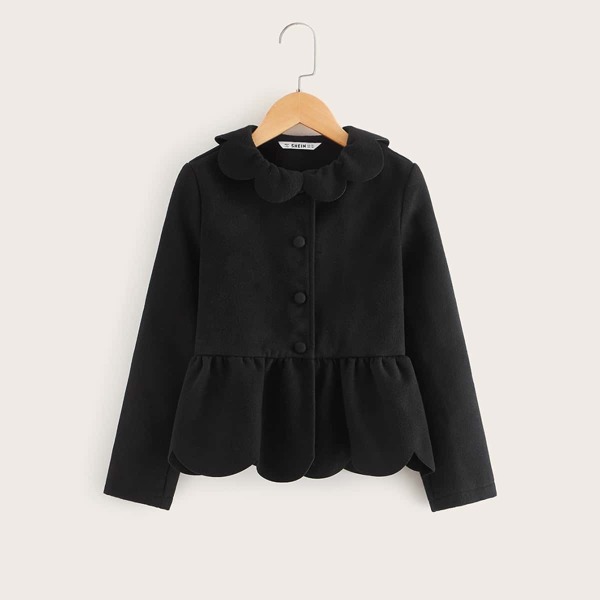 

Girls Button Front Scalloped Ruffle Hem Coat, Black